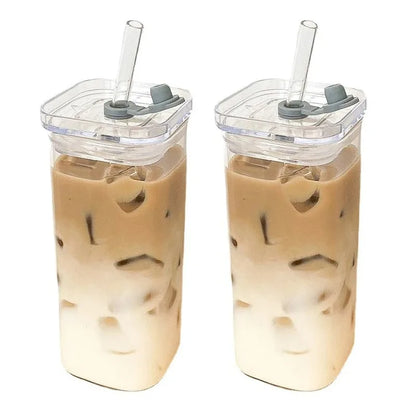 1Pcs Square,  Heat Resistant Coffee /Glass Cup With Lid and Straw, Transparent