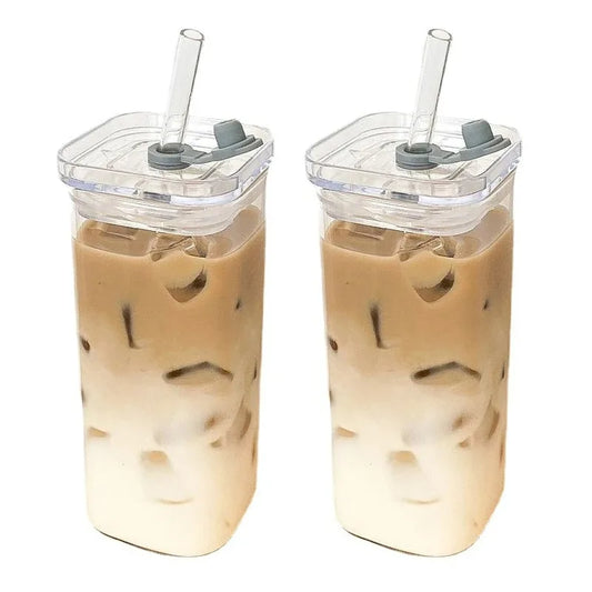 1Pcs Square,  Heat Resistant Coffee /Glass Cup With Lid and Straw, Transparent