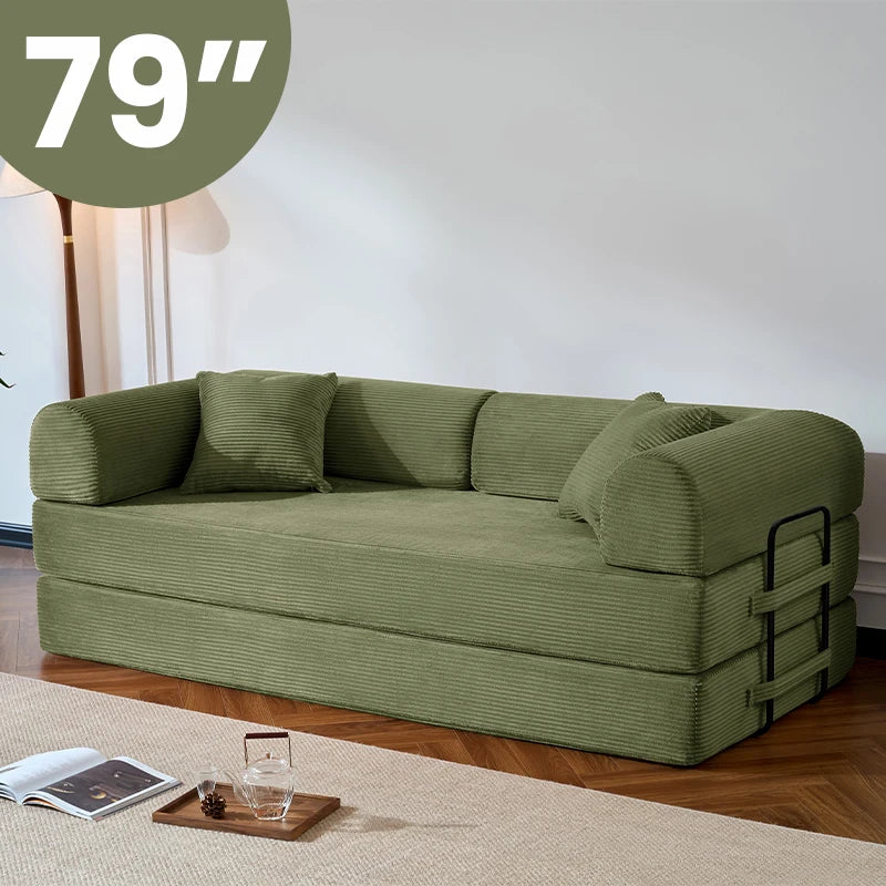79’’ Folding Convertible Sofa Bed Corduroy Upholstered Boneless Couch, Loveseat Sleeper Floor Sofa for Living Room Bedroom