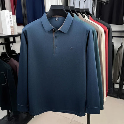 2026 Men's Business Casual Long Sleeved Shirt with Badge,   Solid Colors  of Polo Shirts.   Fashionable, Comfortable, Versatile. Nice Colors.