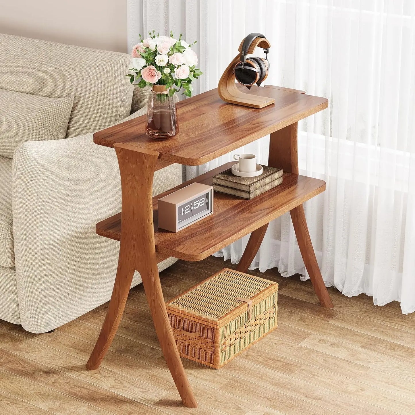 Side Table for Living Room, Farmhouse End Table with 2-Tier Storage Shelf and Solid Wood Legs, or  Nightstand for Bedroom