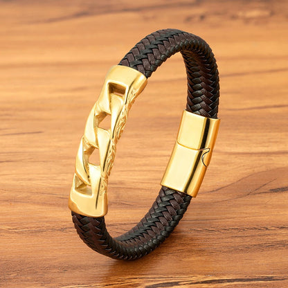 Stainless Steel Men's /Women Bracelet.   Woven Leather  with  Magnetic Buckle.  Business Jewelry/ Accessory /Gifts