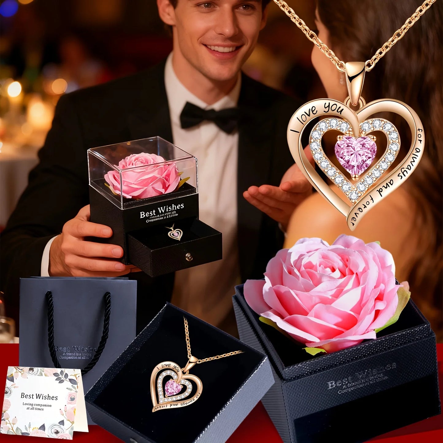 Artificial Rose Gift Set with Heart Pendant Necklace-Perfect for Christmas,Valentine'S Day, Mother'S Day, Anniversary,and Birthday