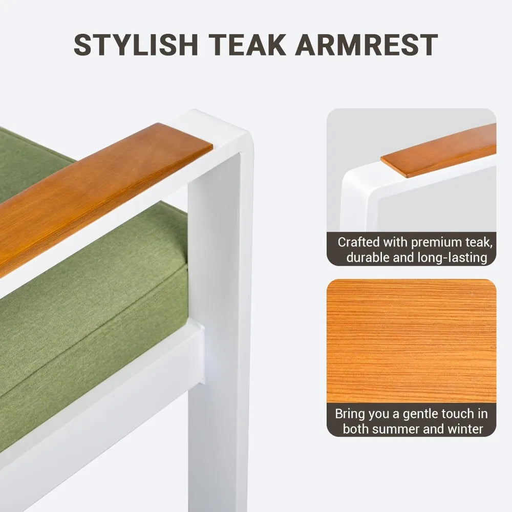 Outdoor Couch,  Aluminum Patio Furniture Set,  All-Weather Metal 3-Seat Sofa with Solid Teak Armrest and Thick Cushions,