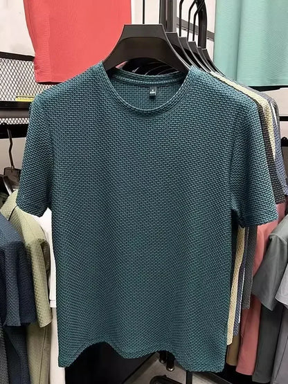 Men's Short Sleeve Mesh, Bamboo Ice Silk T-shirt, Casual, Versatile, Summer Elastic,  Slimming Top for Men