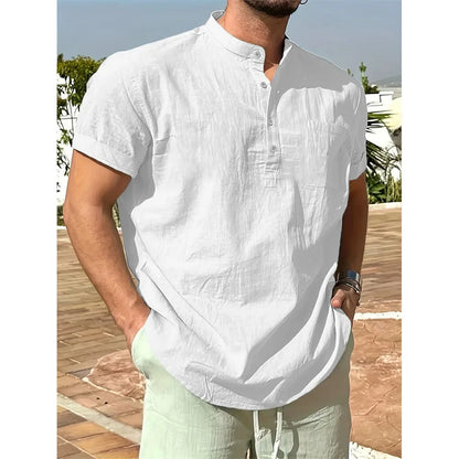 Summer Hot Sale  on Men's Cotton Linen T-shirt,  Henley Neck,   Casual,  Breathable,  Lightweight Solid Color,  Pocket Button Tops