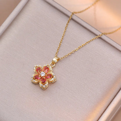 Shiny Zircon Romantic Flower Pendant, Necklace For Women Gold Plated Rotatable Flowers Choker for Girls , Wedding Party,  Luxury Jewelry