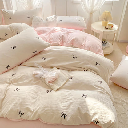 3 Piece Sheet Set  pink bowknot embroidery duvet cover Set ， comfortable Bedding Set Bedspread for All Season