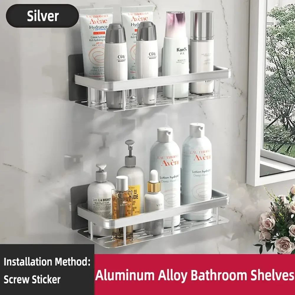Towel rack wall mounted shower shampoo rack.   no drill rack,  tripod wall mounted corner rectangular bathroom rack.