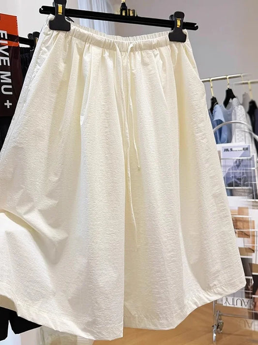 Quick Dry Thin Wide Leg Pants, Women's Elastic Waist Five-Point Shorts, Casual Straight Leg Acetate Fiber  for Summer