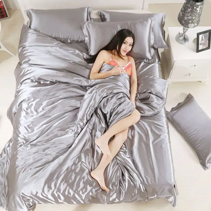 Nordic Satin Silk Bedding Set with Duvet Cover,  Bed Sheet,  Pillowcases.   Luxury Solid Single, Double, Couple Pillow Case and Bedsheet