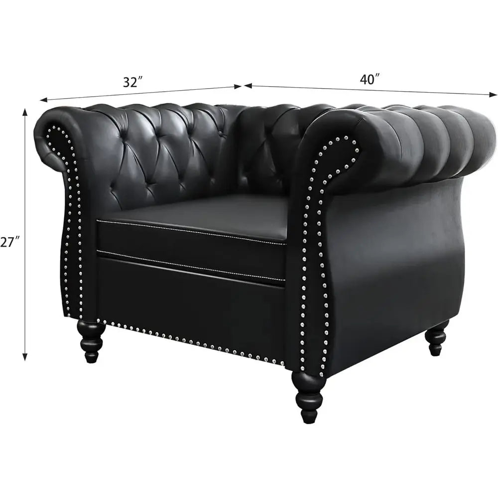 Leather Chesterfield Sofa Set with Scroll Arms and Black Ottoman for Living Room