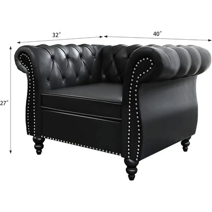 Leather Chesterfield Sofa Set with Scroll Arms and Black Ottoman for Living Room