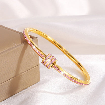 ZAKOL New Buling Pink Crystal Zirconia Stainless Steel Bracelet for Women Versatile Stackable Jewelry Waterproof Bangle Gift