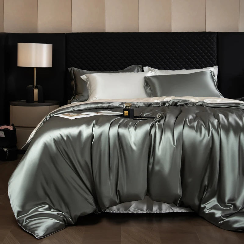 Silk Bed Sheets Set,   Luxury Bedding Set with Duvet Cover,  Fitted/Flat Bedsheet,  Pillowcases, Mixed with Rayon, King /Queen/ Full T/win