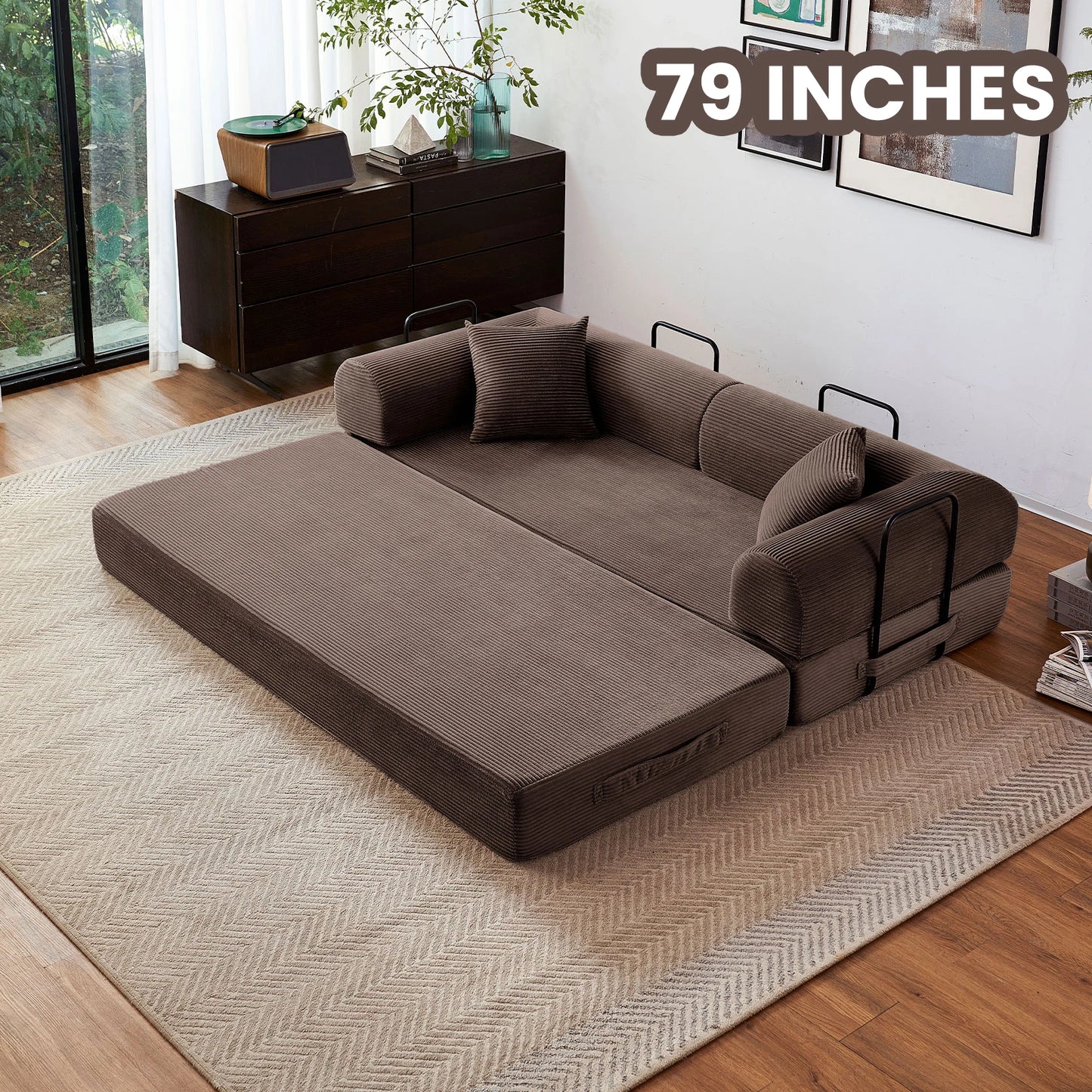 79'' Boneless Couch Foldable Convertible Futon Sleeper Sofa Bed,  Floor Lounge with L-Shaped Armrests for Living Room Sofas