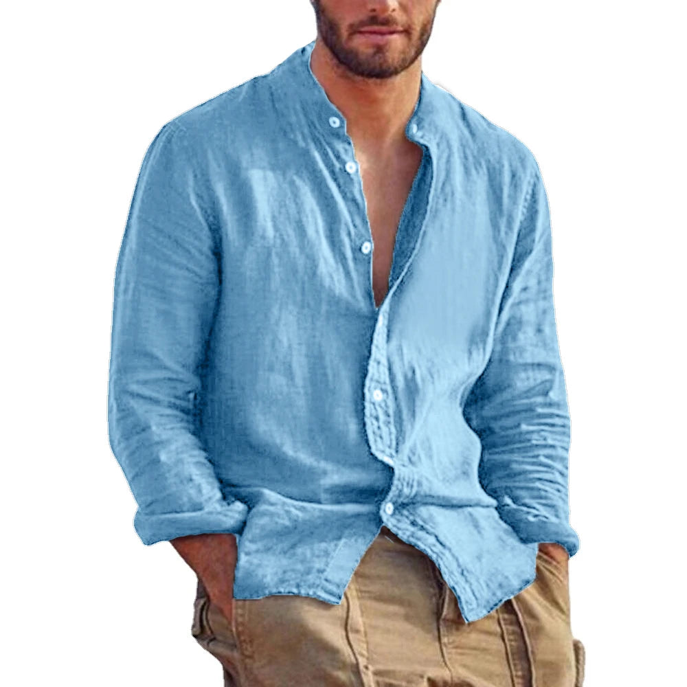 Men's Solid Colors with  Long Sleeve Shirts.  Linen/  Cotton  Trend.   Plus-sizes, Stand-up Collar,  Casual Lightweight.