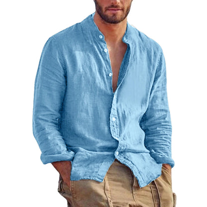 Men's Solid Colors with  Long Sleeve Shirts.  Linen/  Cotton  Trend.   Plus-sizes, Stand-up Collar,  Casual Lightweight.