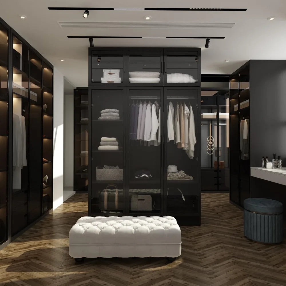 Wardrobe Cabinet with LED Lights, Armoire Closet with Glass Doors, Large Wooden Wardrobe with Hanging Rod & 5 Tier Shelves