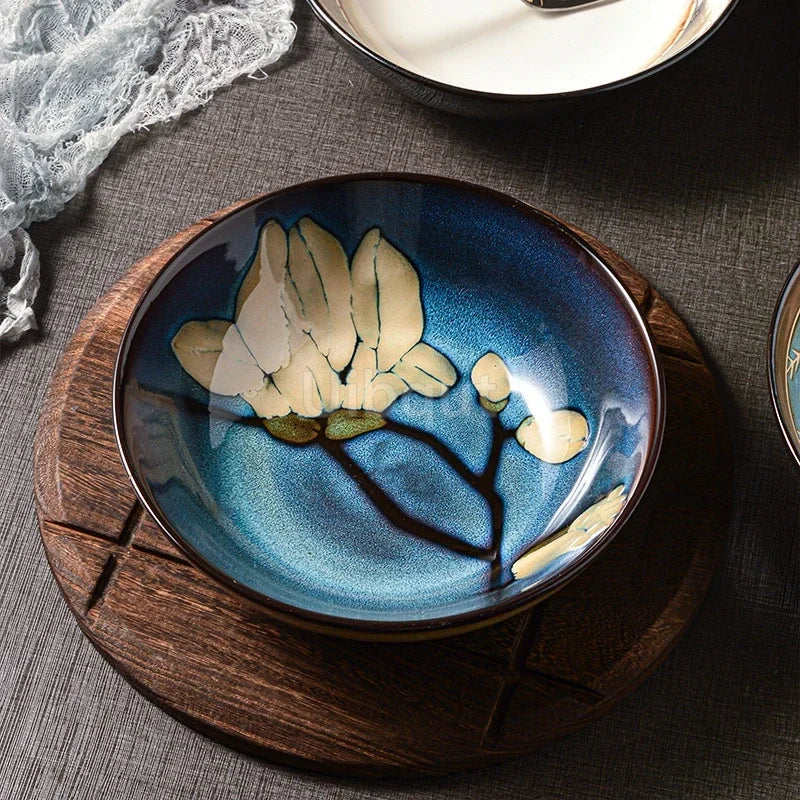 Japanese rural ceramic tableware Vine leaf soup bowl Lamian Noodles bowls Hot vegetable bowls Cover and pour rice bowl bowl set