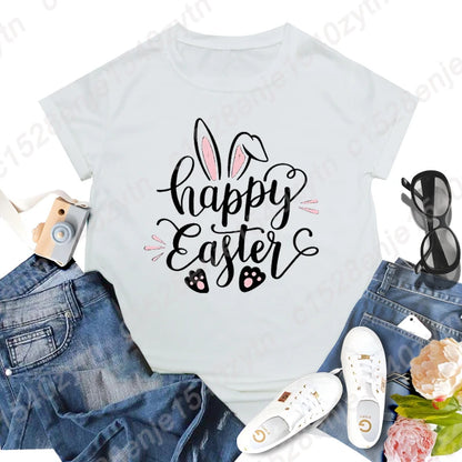 Cute Happy Easter Bunny Print T-Shirts  for Junior Women , Short Sleeve,  Round Neck Tee Shirt Casual,  Soft Summer,  Solid Color T Shirt /Tops