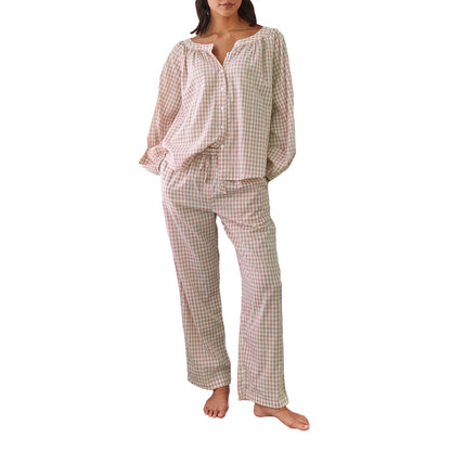 Women s Checked Pajama Set with Long Lantern Sleeves and Elastic Waistband - Button Down Top and Lounge Pants for Fall