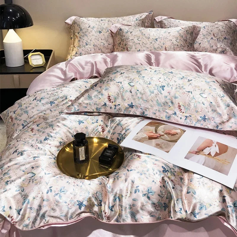 High-end Natural Mulberry Silky Blending Duvet Cover Set with Sheets,  Satin Blending, Silky Bedding Set,  Luxury Queen Bedding Sets