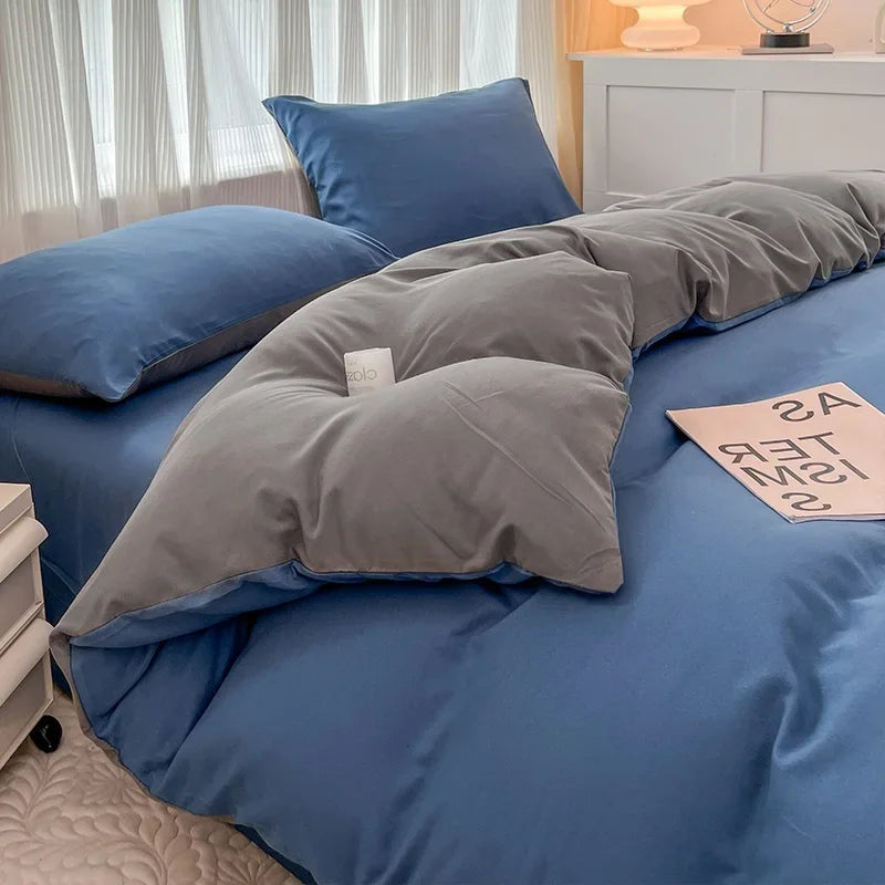 2-side Solid Color Brush Fabric Bed Set 4 Pieces Duvet Cover, 2  Pillowcase and Bedding Set.  Bed Sheet,  Quilt Cover, sizes Single,  Queen and King