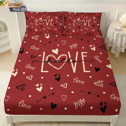 3pcs Valentine's Day Romantic Red LOVE Print.  Choreless Bed Sheet Set with Multi Size Bed Cover.