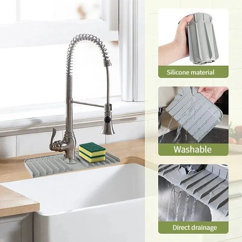 Silicone Faucet Mat for  Dish Soap,  Sponge Holder, Kitchen Countertop Drying Mat and Splash Guard with  Drain Pad