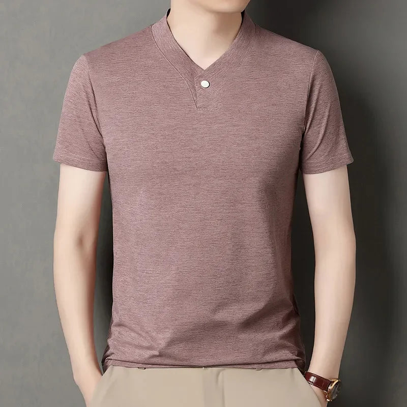 2026 Men's Casual and Fashionable One Button V-neck,  Solid Colors to choose from,  Short Sleeved T-shirt for Summer.