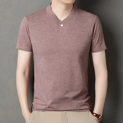 2026 Men's Casual and Fashionable One Button V-neck,  Solid Colors to choose from,  Short Sleeved T-shirt for Summer.