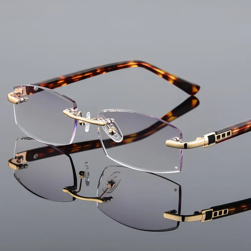 Luxury Designer Reading Glasses.  Rimless Diamond Cutting Frame for  Men  and Women.  Presbyopia, Anti-blue Light, RECTANGULAR Shaped Reading Glasses.  Great Choices on these.