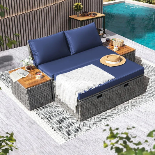 Patio/ Day Bed /Outdoor Daybed Set,  Multifunctional Rattan Lounge with 2 Side Tables for Backyard Porch,  Poolside,  Lawn, Beach