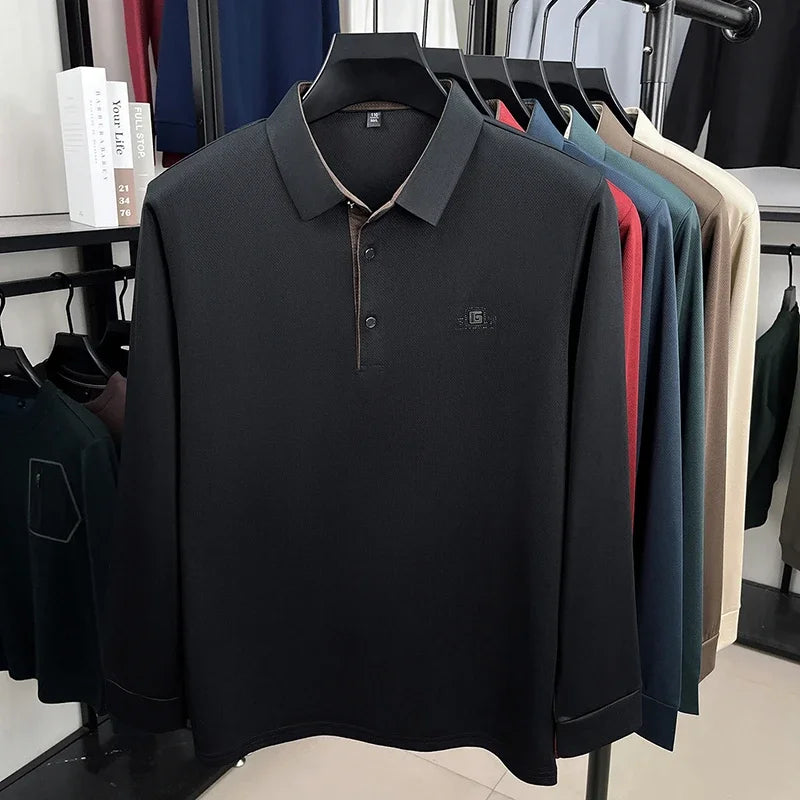 2026 Men's Business Casual Long Sleeved Shirt with Badge,   Solid Colors  of Polo Shirts.   Fashionable, Comfortable, Versatile. Nice Colors.