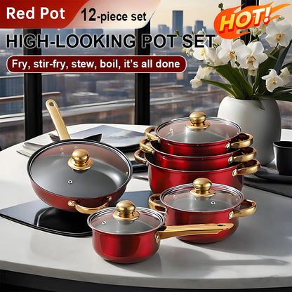 Red Cookware Set. 12-Piece, Stainless Steel, Non-Stick, Kitchen Cookware Collection.