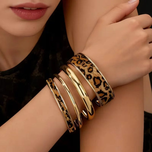 4pcs Bohemian Leopard Print Bracelet Set for Women , Retro Elegant Minimalist PU Leather Bangles,  Daily Wear Jewelry, Gift