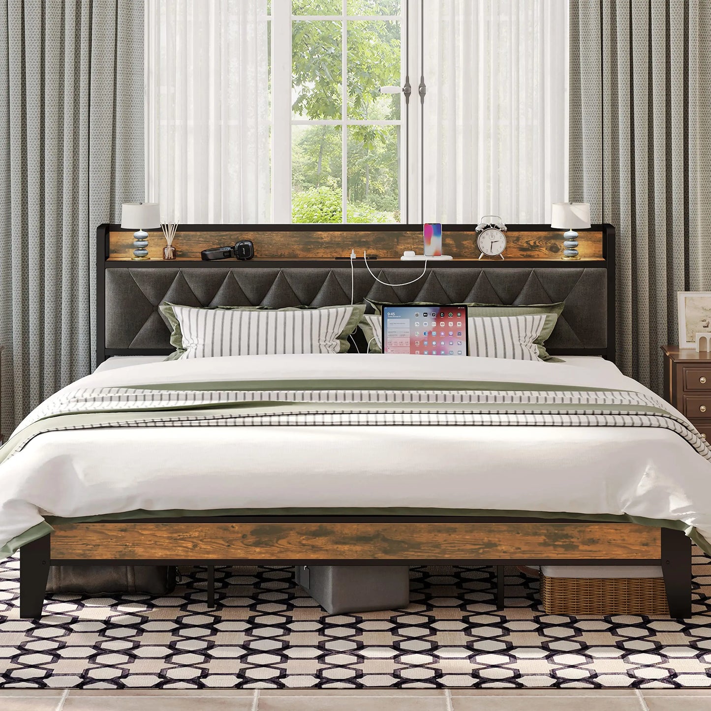 Twin/TwinXL/Full/Queen/King/California King Bed Frames, Storage Headboard with Outlets, No Noise, No Box Springs Needed