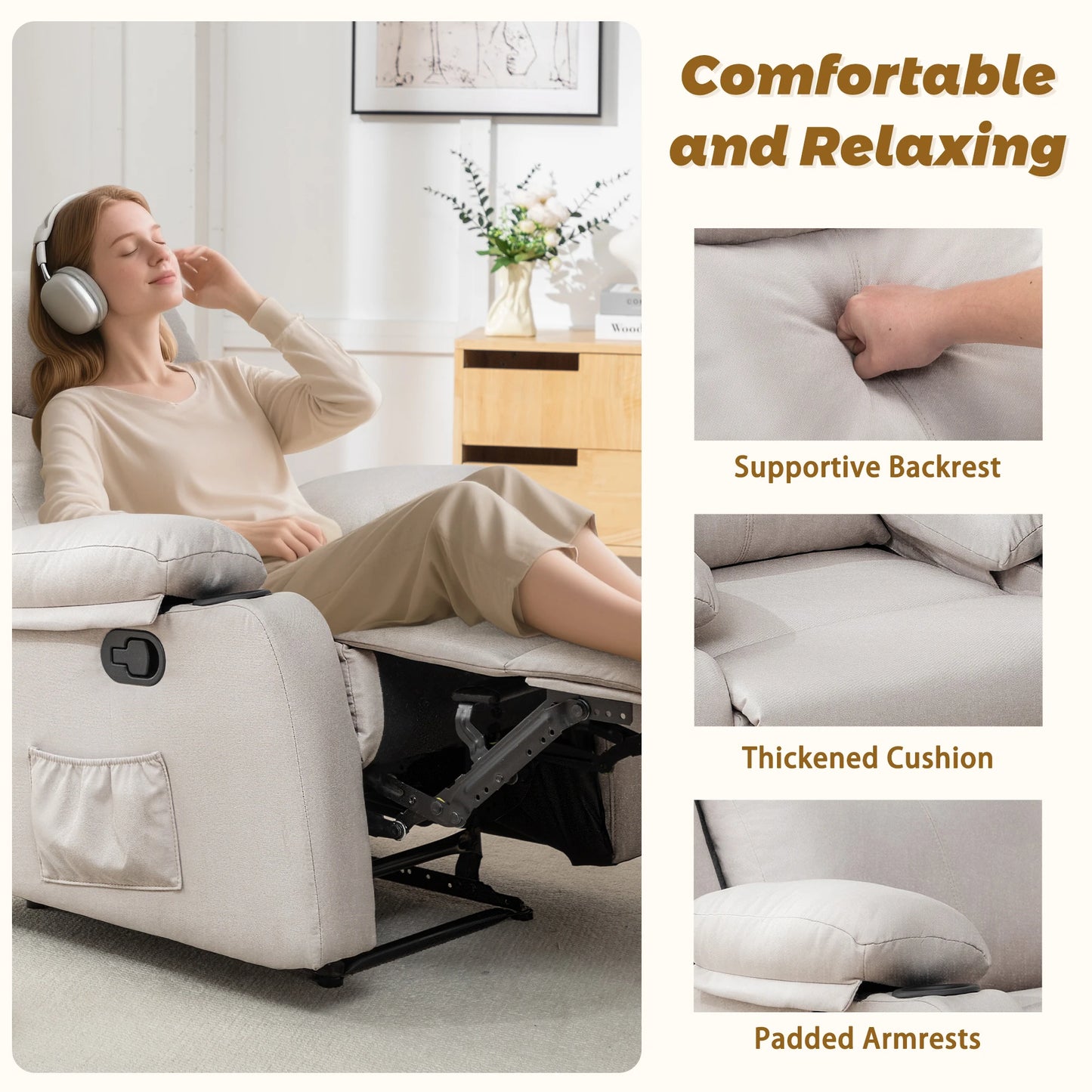Small Recliners for Small Spaces, Reclining Manual Chair with Cup Holders and Side Pockets  for Living Room, Bedroom