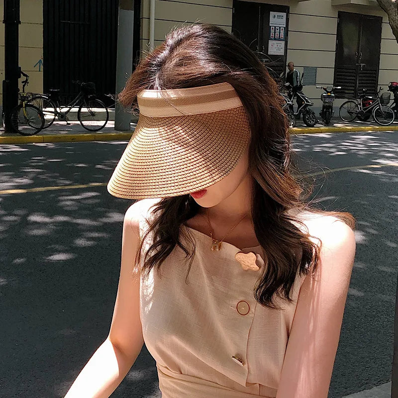 Style "A" is all gone( With the 3 Stripes. ) Styles "B" and "C" are available.  Summer,  Empty Top Straw Hat for Women, Outdoor for Sunscreen .  Visor for  Female,  Handmade,  UV Protection, Big Brim Sun Hat/Visor.    The pi