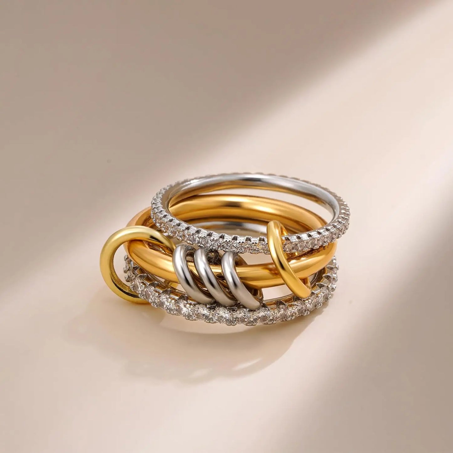 New Stainless Steel Cubic Zirconia Stackable Rings for Women  with 18k Gold- and ,Plating Multi-Link Connected Statement Ring,  Stacked Jewelry