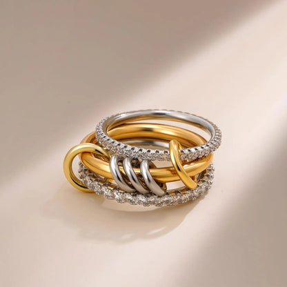 New Stainless Steel Cubic Zirconia Stackable Rings for Women  with 18k Gold- and ,Plating Multi-Link Connected Statement Ring,  Stacked Jewelry