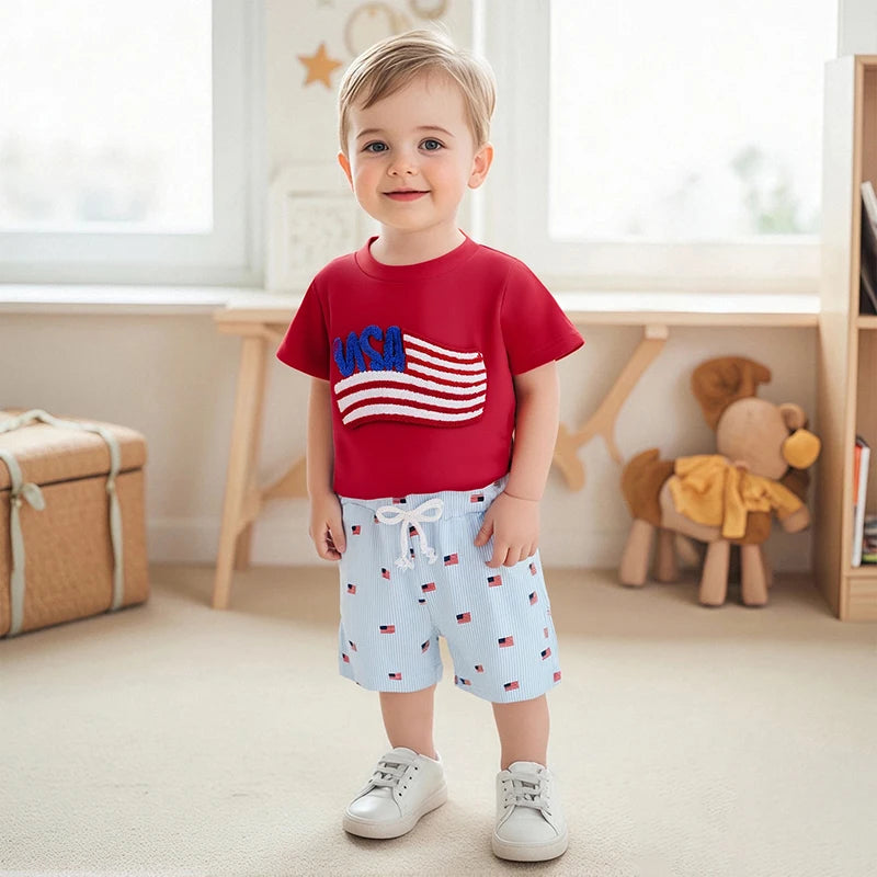 2025-02-22 Lioraitiin Baby Boys Patriotic Outfits Flag Embroidery Short Sleeves T-Shirt and Elastic Striped Shorts Clothes Set