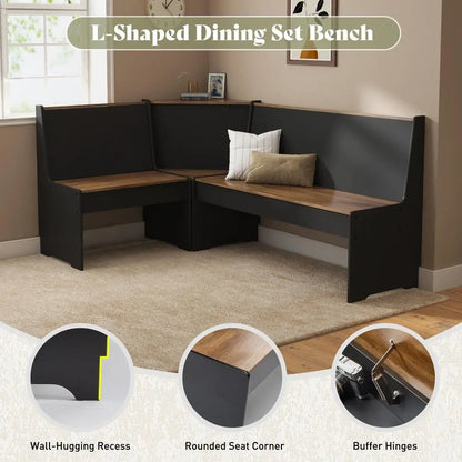 3 Piece Breakfast Nook,  Dining Set, L-Shaped Corner Bench with Hidden Storage, Space-Saving Kitchen Table Set for Small Spaces, Bla