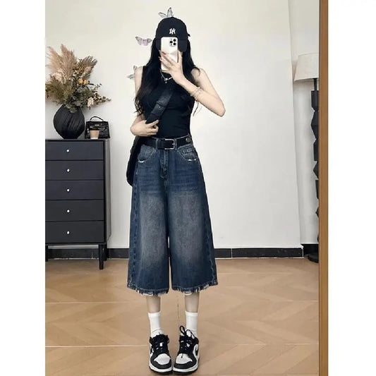 American Style Vintage Ripped 7/8 Length Jeans for Women, Plus Sizes also.   Loose,  High Waist Casual Worn-In Denim Pants for Summer
