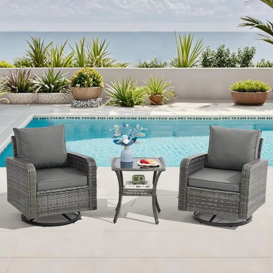 3 Piece Patio Set, Outdoor Swivel Chair, Wicker Patio Bistro Set with Side Table for Garden, Porch, Backyard