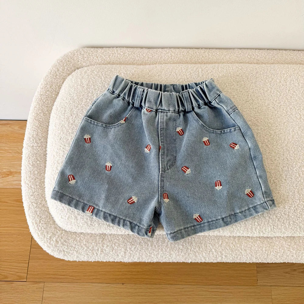 Kids Denim Shorts for 80-150cm Boys  or  Girls. Popcorn Embroidery  with Elastic Waist, Casual Knee Length Teen Children Pants