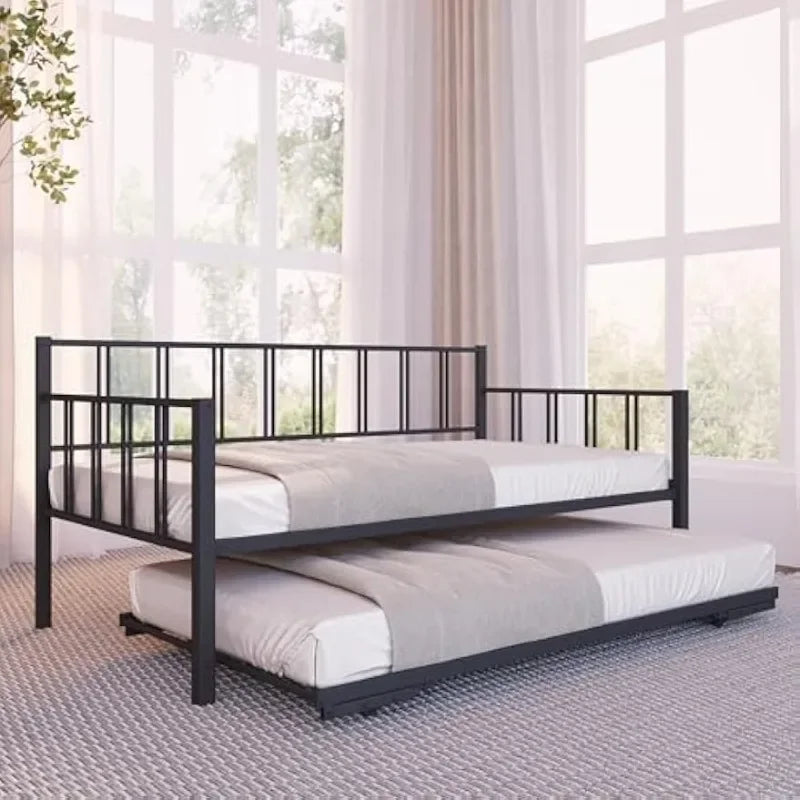 Hot selling productsTwin Daybed with Backrest and Pop-Up Trundle Set, Modern Black Frame – Daybed with Trundle (Mattresses Sold alone)
