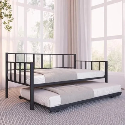 Hot selling productsTwin Daybed with Backrest and Pop-Up Trundle Set, Modern Black Frame – Daybed with Trundle (Mattresses Sold alone)