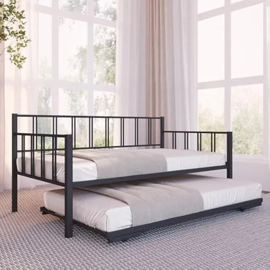 Hot selling productsTwin Daybed with Backrest and Pop-Up Trundle Set, Modern Black Frame – Daybed with Trundle (Mattresses Sold alone)